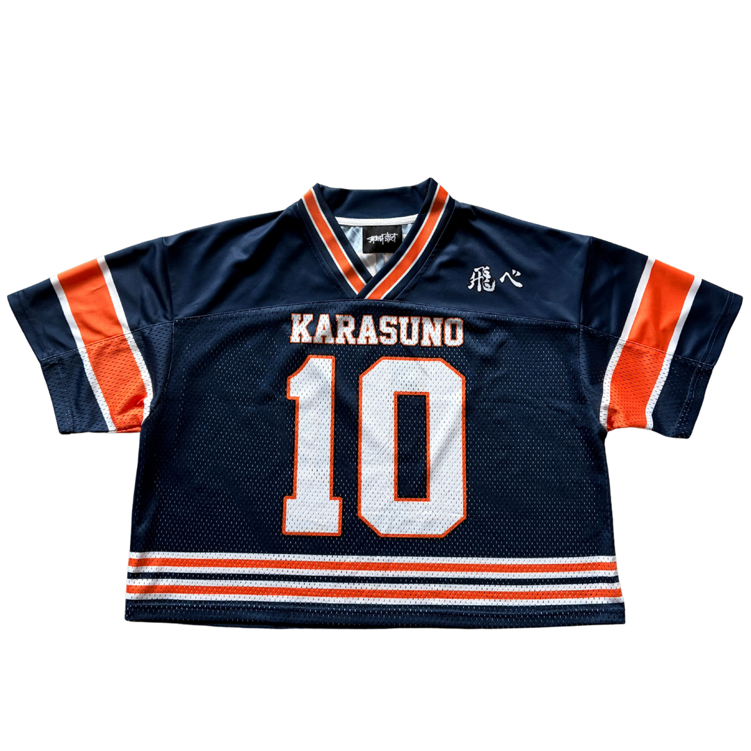 Navy blue sports jersey with orange accents and 'KARASUNO' and number '10' on a white background