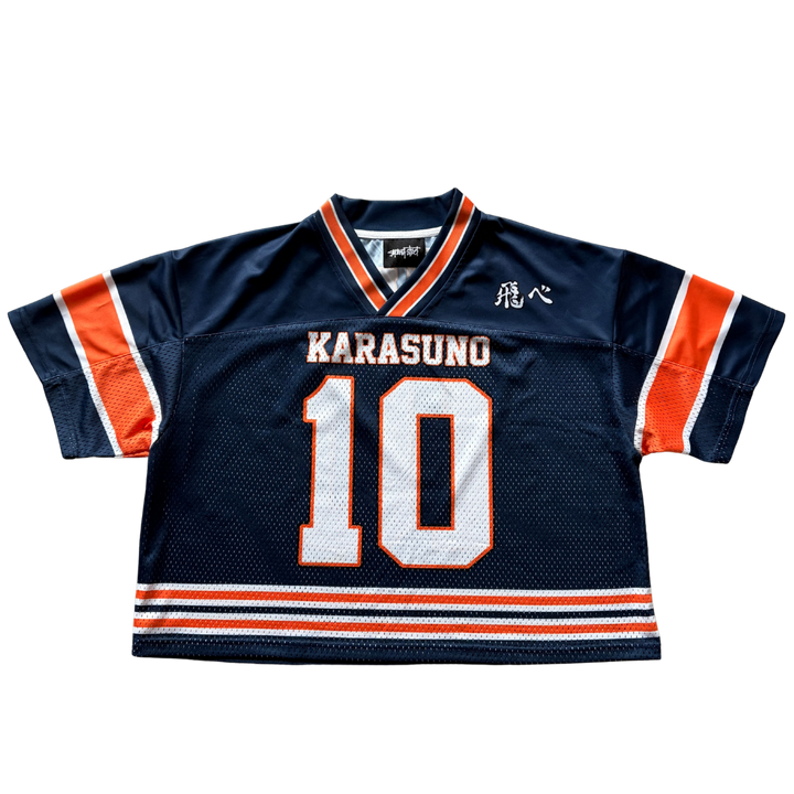 Navy blue sports jersey with orange accents and 'KARASUNO' and number '10' on a white background